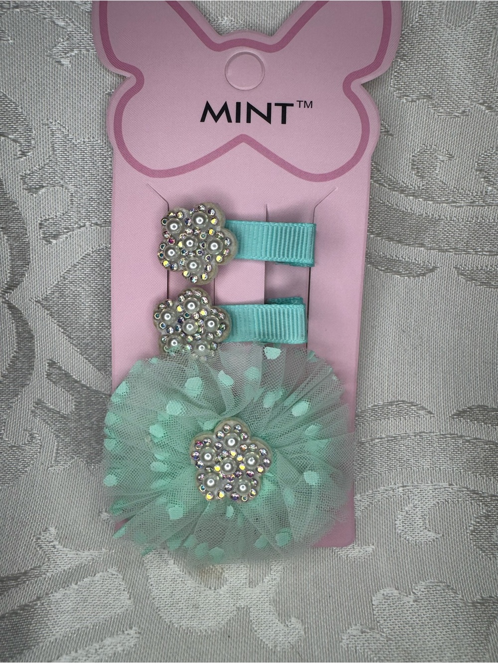New Mint Aqua Polka Dot Tulle & Ribbon Hair Clip Trio flower center